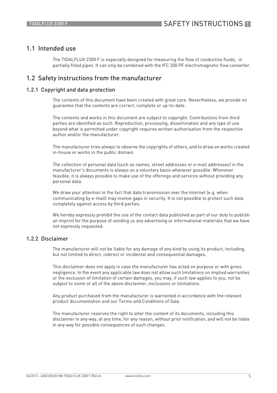 Safety instructions, 1 intended use, 2 safety instructions from the manufacturer | KROHNE TIDALFLUX 2300 F EN User Manual | Page 5 / 44