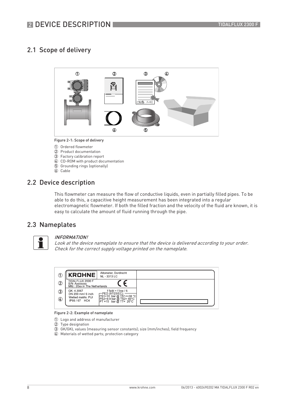 Device description, 1 scope of delivery 2.2 device description, 3 nameplates | KROHNE TIDALFLUX 2300 F EN User Manual | Page 8 / 44