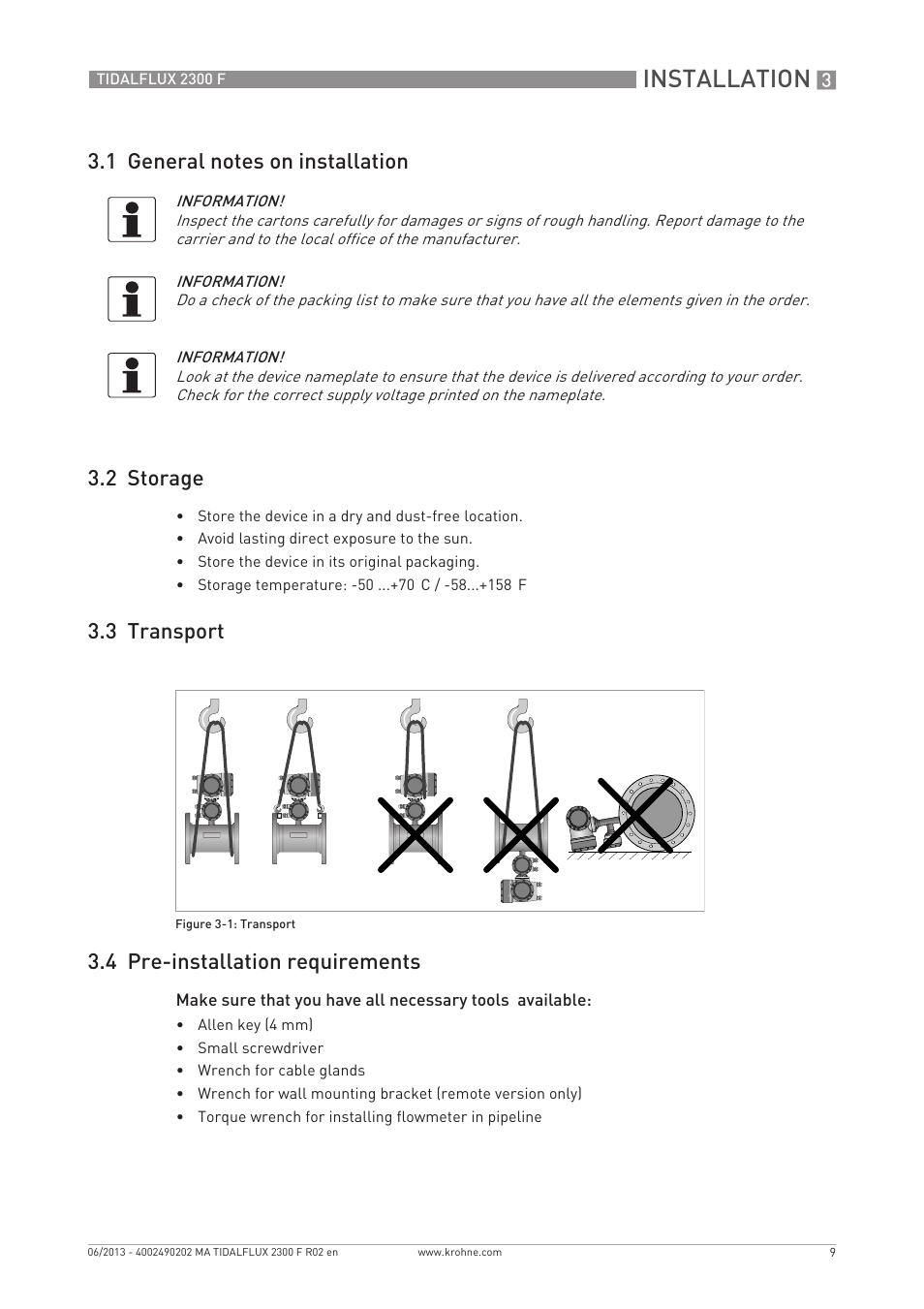 Installation, 3 transport 3.4 pre-installation requirements | KROHNE TIDALFLUX 2300 F EN User Manual | Page 9 / 44