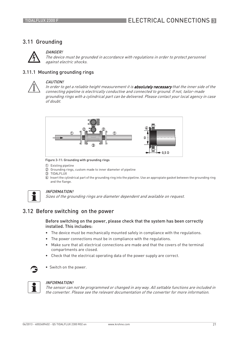 Electrical connections, 11 grounding, 12 before switching on the power | KROHNE TIDALFLUX 2300 F Quickstart EN User Manual | Page 21 / 24