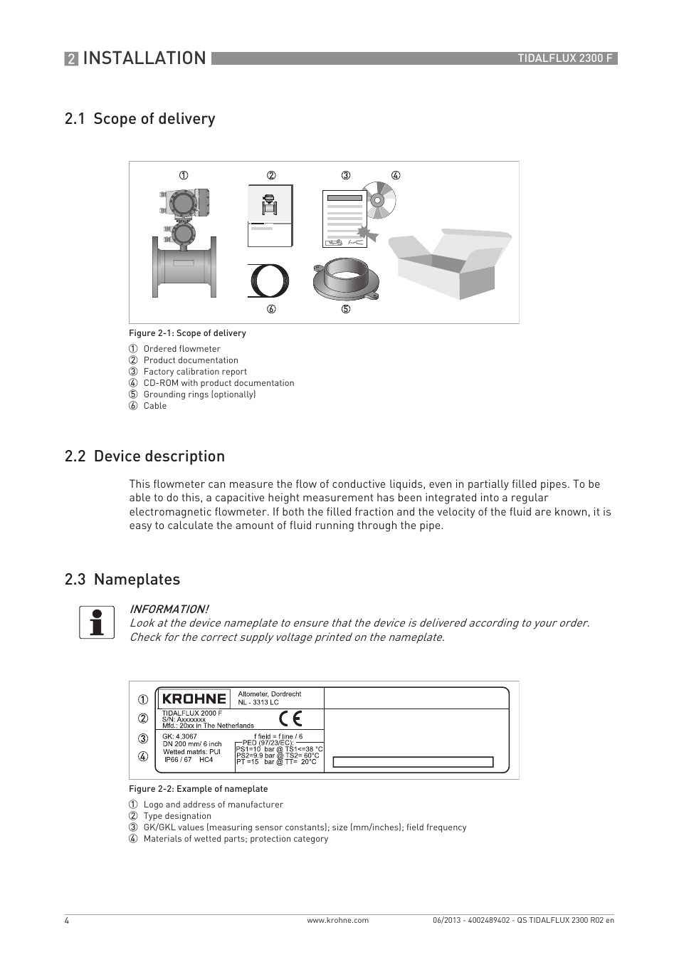 Installation, 1 scope of delivery 2.2 device description, 3 nameplates | KROHNE TIDALFLUX 2300 F Quickstart EN User Manual | Page 4 / 24