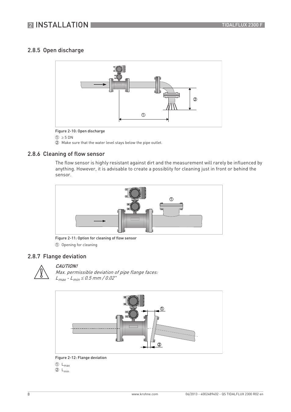 Installation, 5 open discharge 2.8.6 cleaning of flow sensor, 7 flange deviation | KROHNE TIDALFLUX 2300 F Quickstart EN User Manual | Page 8 / 24