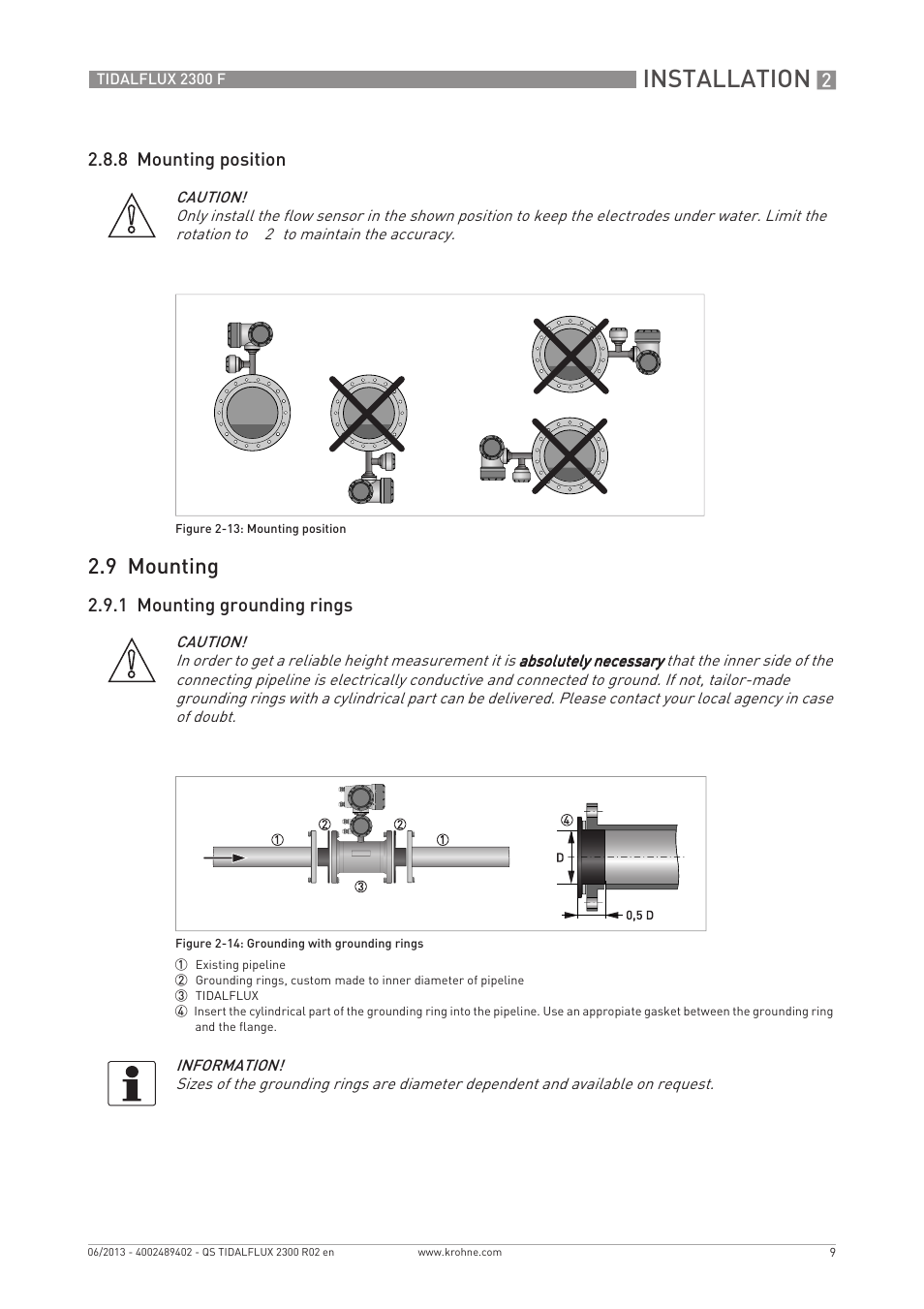 Installation, 9 mounting | KROHNE TIDALFLUX 2300 F Quickstart EN User Manual | Page 9 / 24