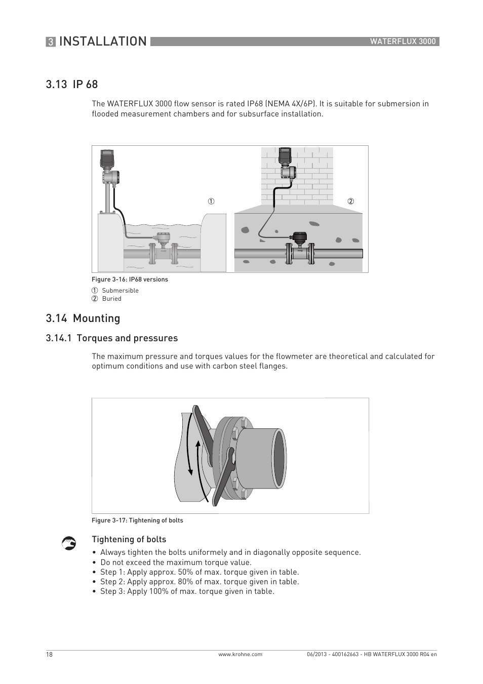 Installation, 13 ip 68, 14 mounting | 1 torques and pressures | KROHNE WATERFLUX 3000 EN User Manual | Page 18 / 40