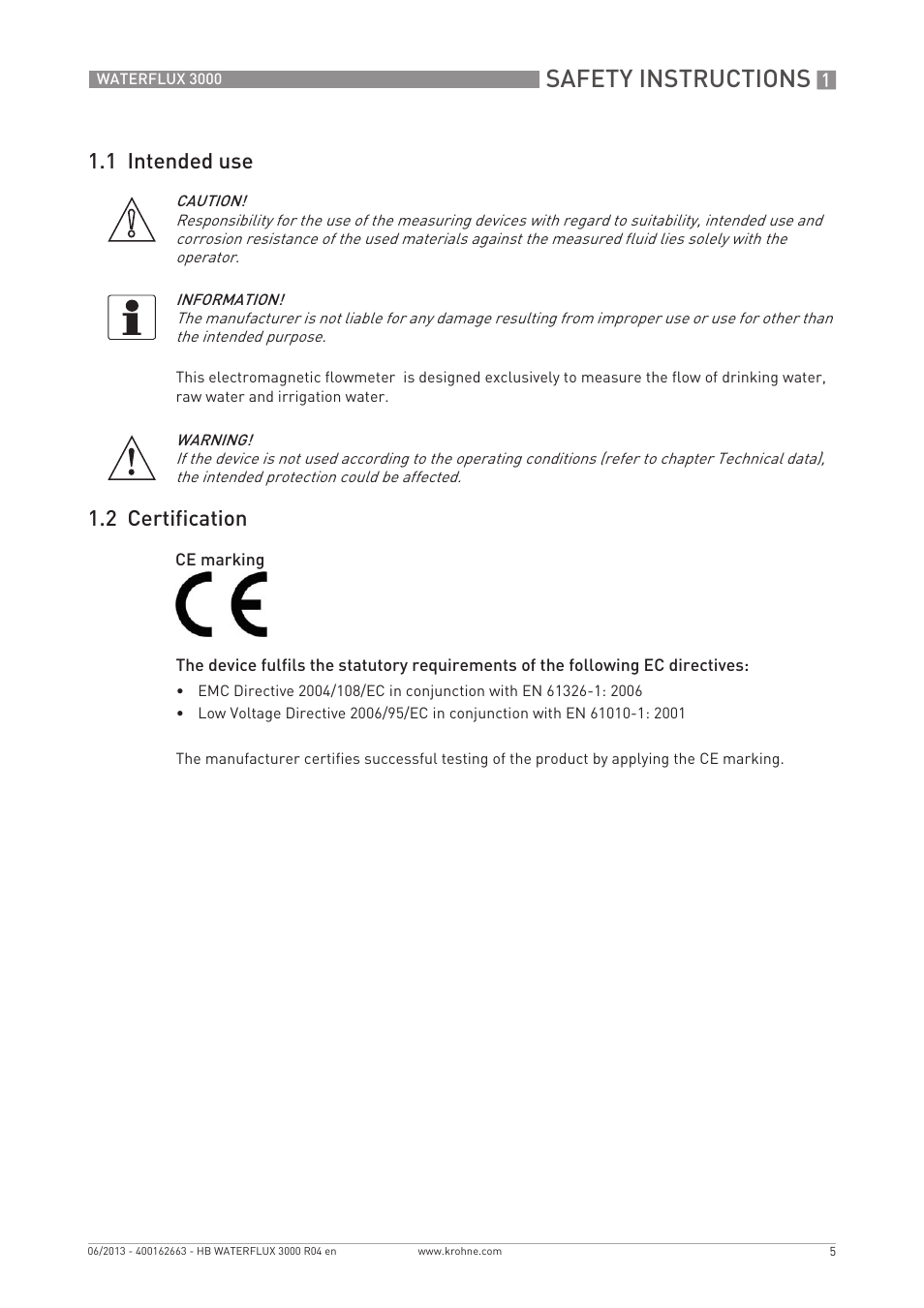 Safety instructions, 1 intended use, 2 certification | KROHNE WATERFLUX 3000 EN User Manual | Page 5 / 40