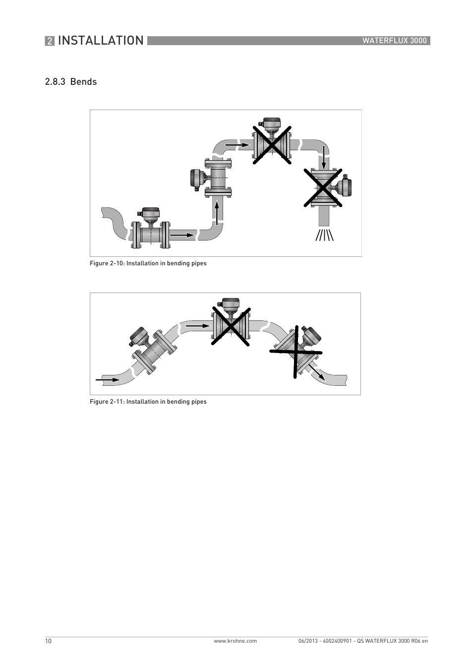 Installation, 3 bends | KROHNE WATERFLUX 3000 Quickstart EN User Manual | Page 10 / 24