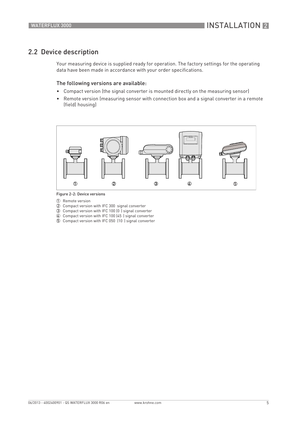 Installation, 2 device description | KROHNE WATERFLUX 3000 Quickstart EN User Manual | Page 5 / 24