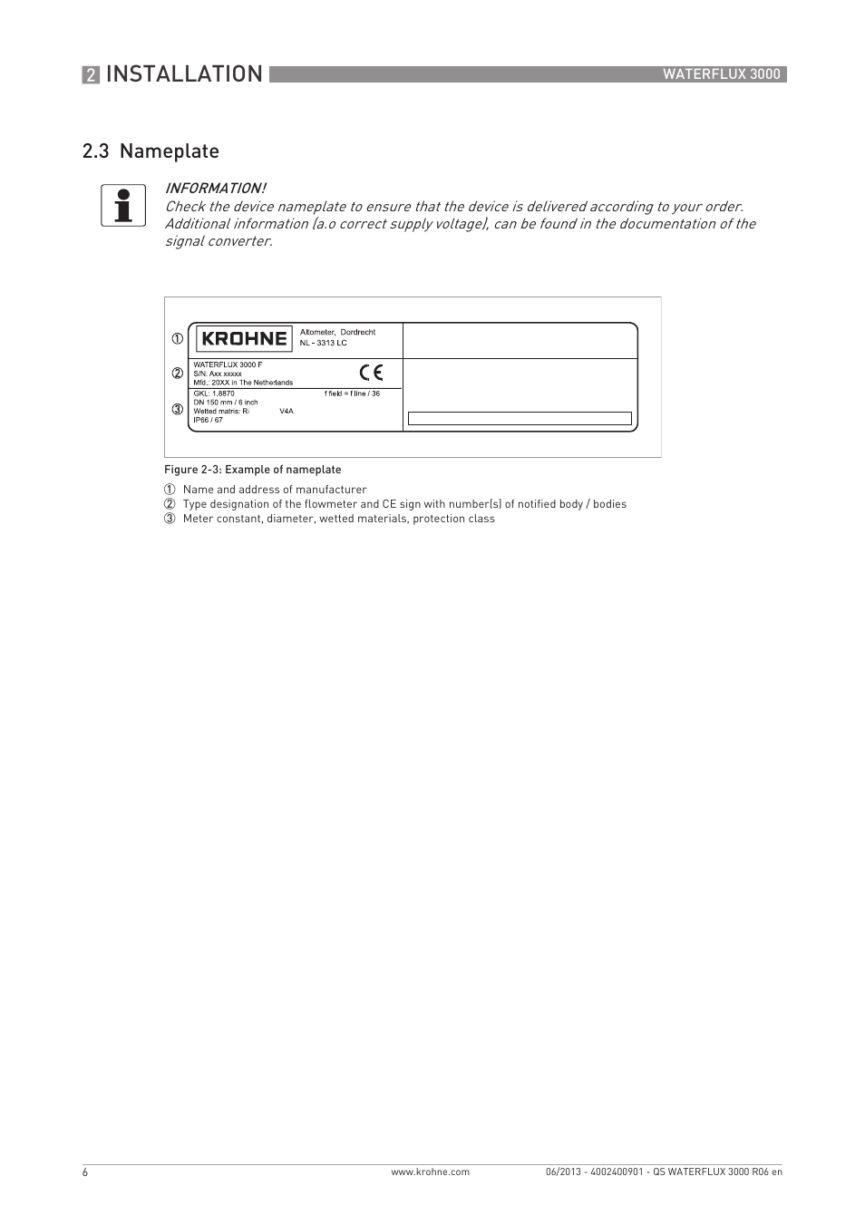 Installation, 3 nameplate | KROHNE WATERFLUX 3000 Quickstart EN User Manual | Page 6 / 24