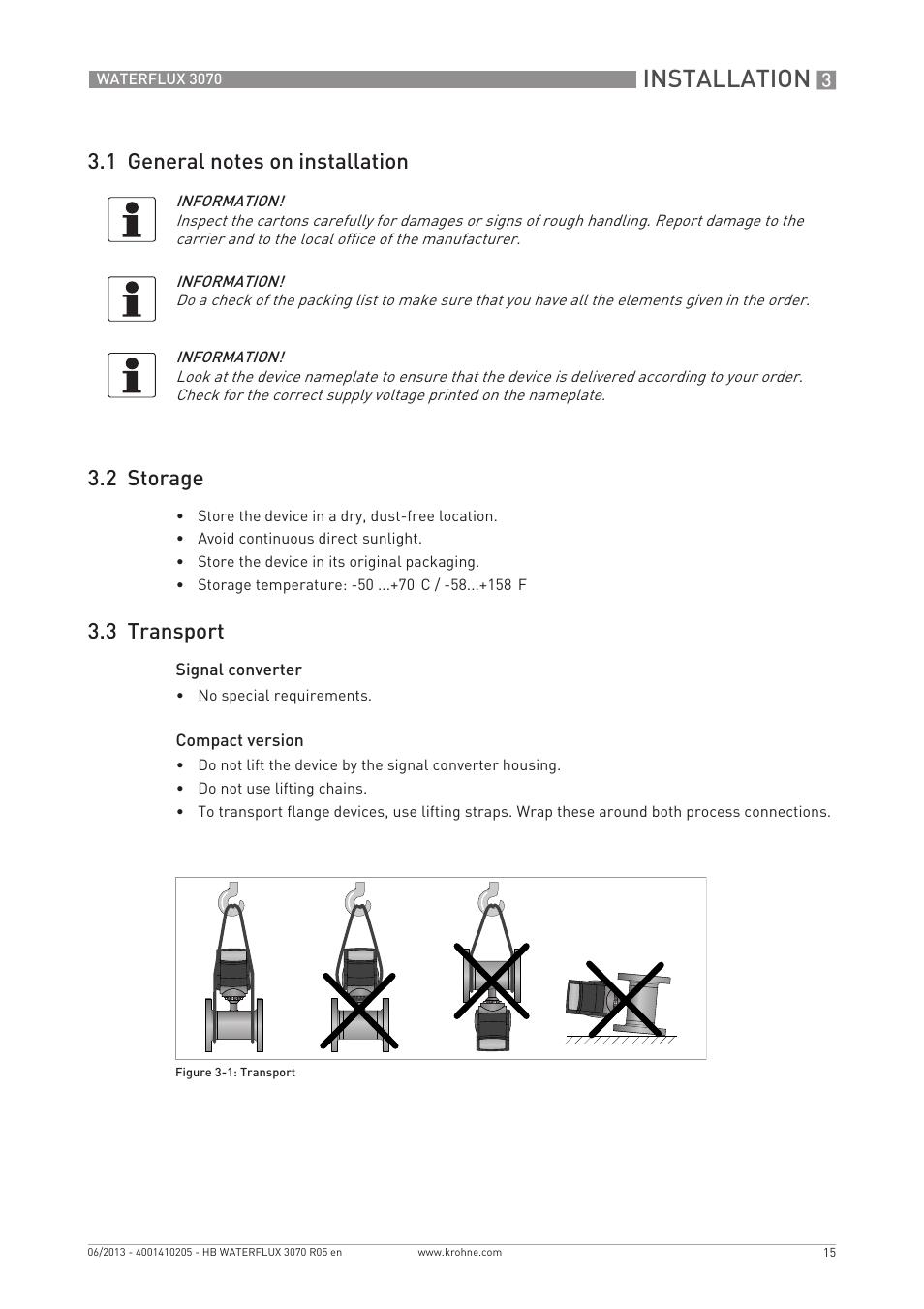 Installation, 3 transport | KROHNE WATERFLUX 3070 EN User Manual | Page 15 / 80