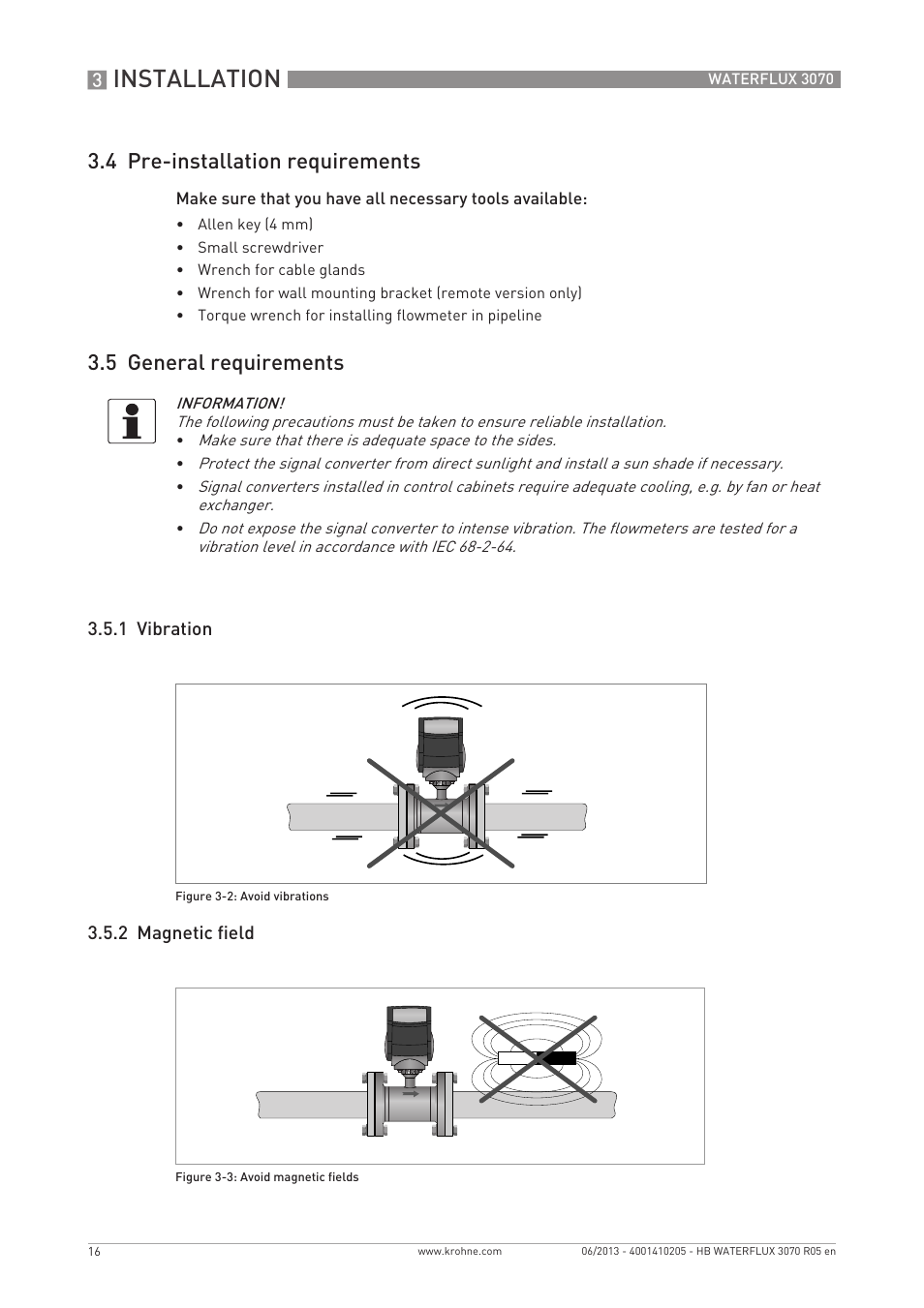 Installation, 4 pre-installation requirements, 5 general requirements | KROHNE WATERFLUX 3070 EN User Manual | Page 16 / 80