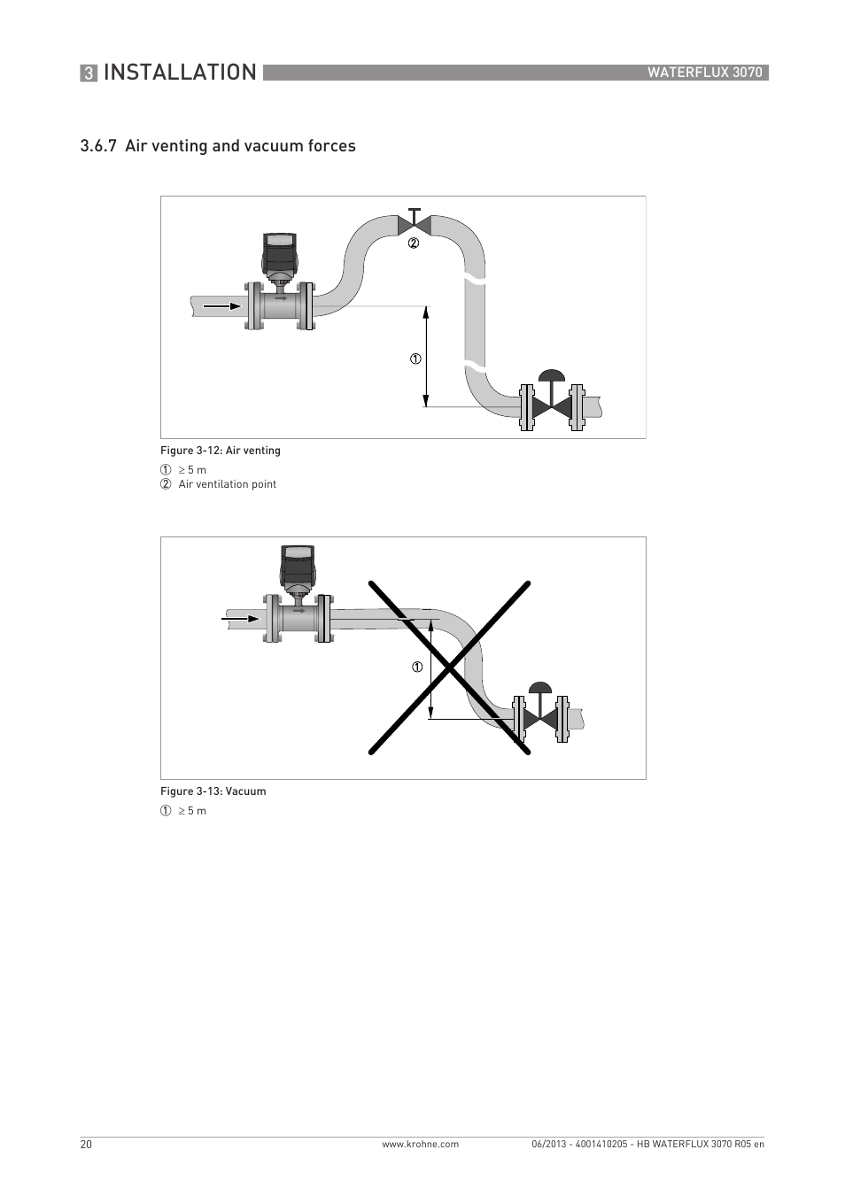 Installation, 7 air venting and vacuum forces | KROHNE WATERFLUX 3070 EN User Manual | Page 20 / 80