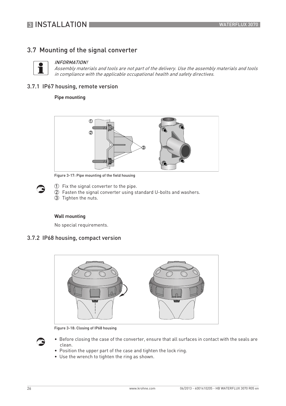 Installation, 7 mounting of the signal converter | KROHNE WATERFLUX 3070 EN User Manual | Page 26 / 80