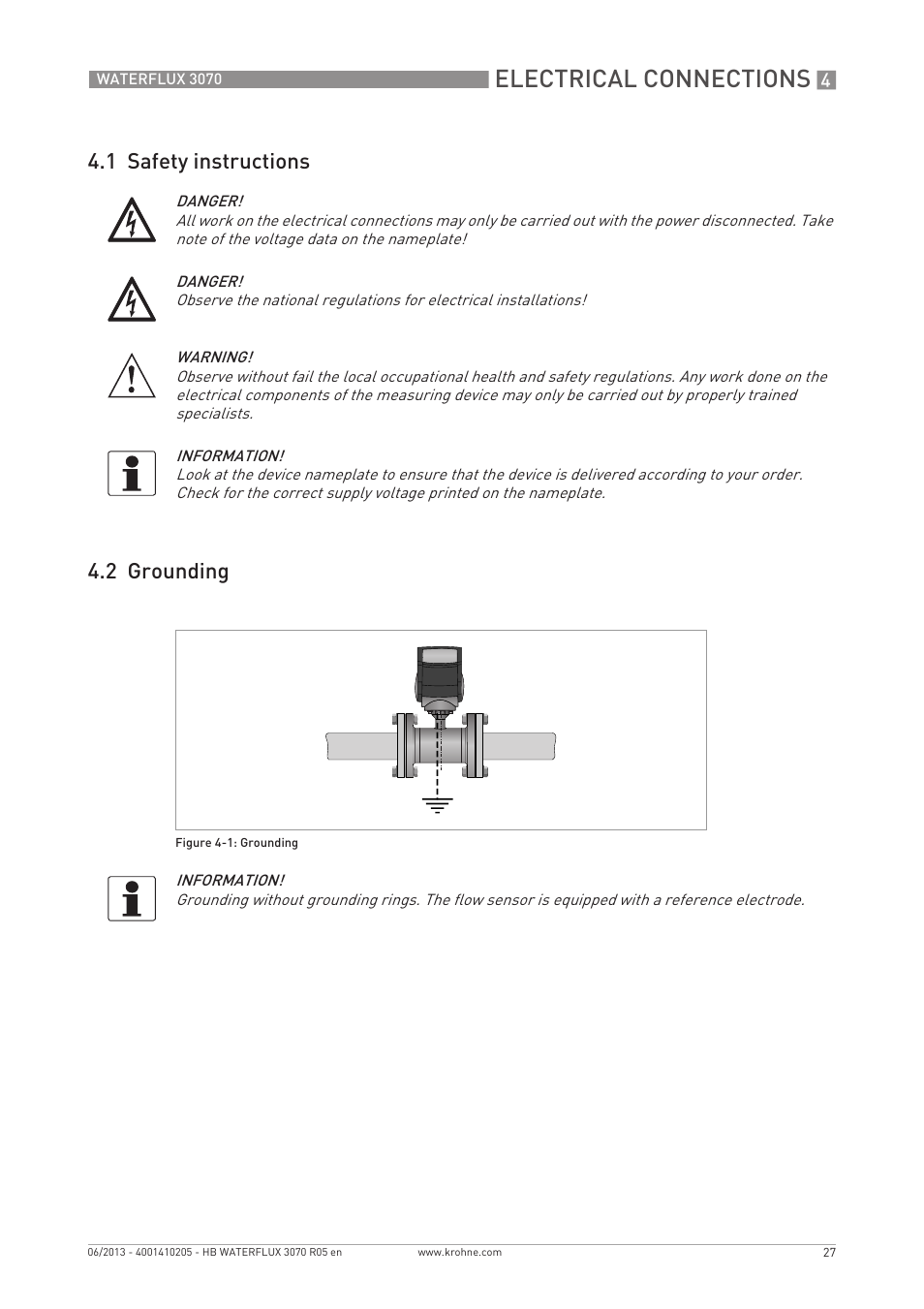 Electrical connections, 1 safety instructions 4.2 grounding | KROHNE WATERFLUX 3070 EN User Manual | Page 27 / 80