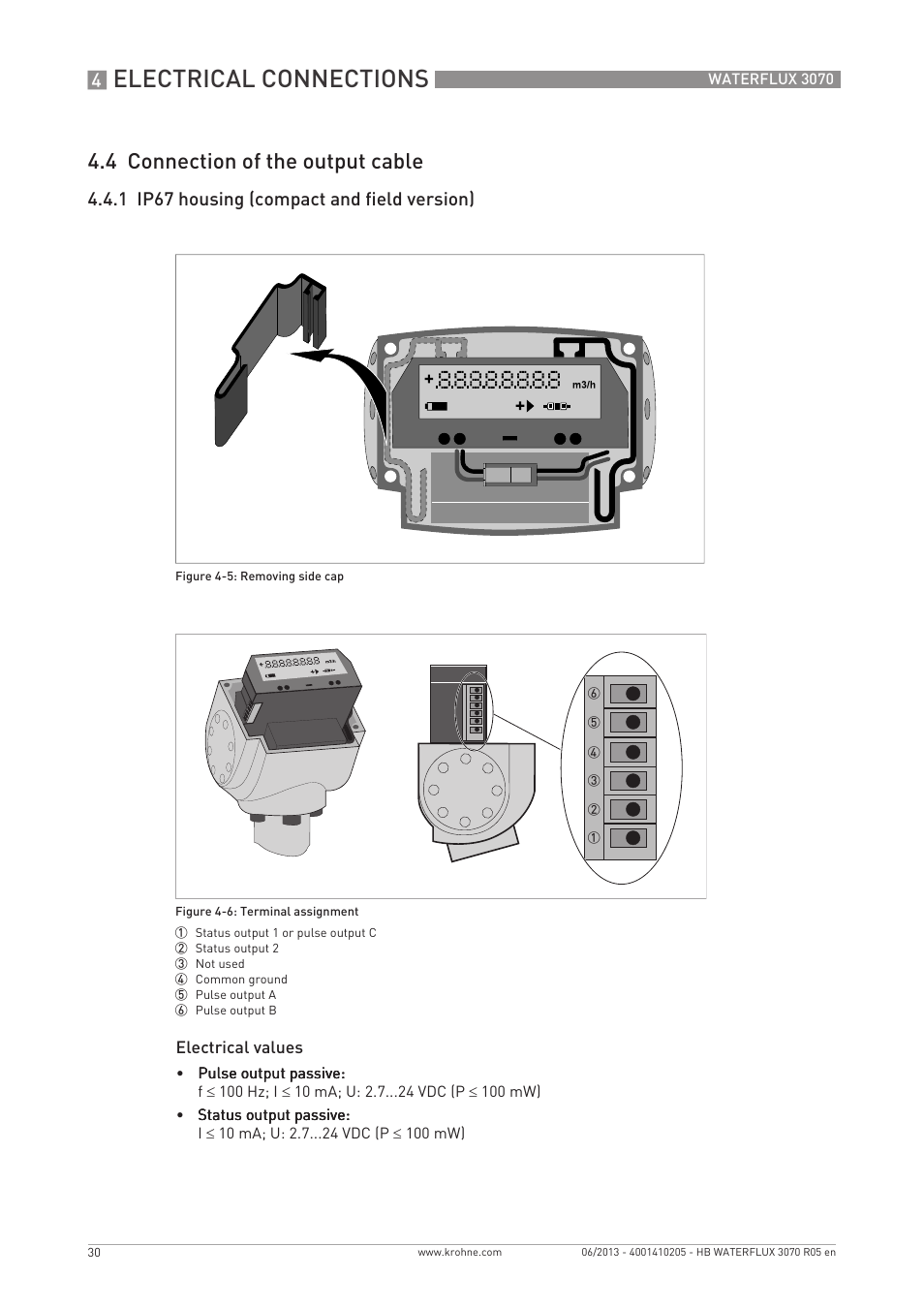 Electrical connections, 4 connection of the output cable, 1 ip67 housing (compact and field version) | KROHNE WATERFLUX 3070 EN User Manual | Page 30 / 80