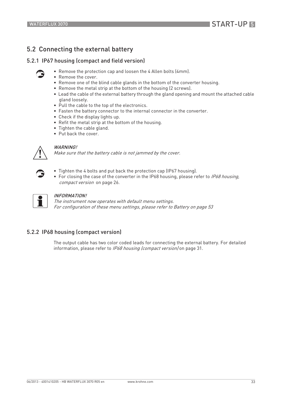 Start-up, 2 connecting the external battery | KROHNE WATERFLUX 3070 EN User Manual | Page 33 / 80