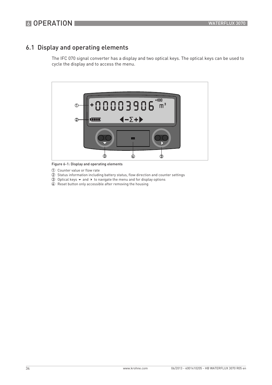 Operation, 1 display and operating elements | KROHNE WATERFLUX 3070 EN User Manual | Page 34 / 80