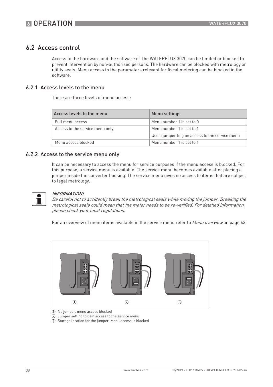 Operation, 2 access control, 1 access levels to the menu | 2 access to the service menu only | KROHNE WATERFLUX 3070 EN User Manual | Page 38 / 80