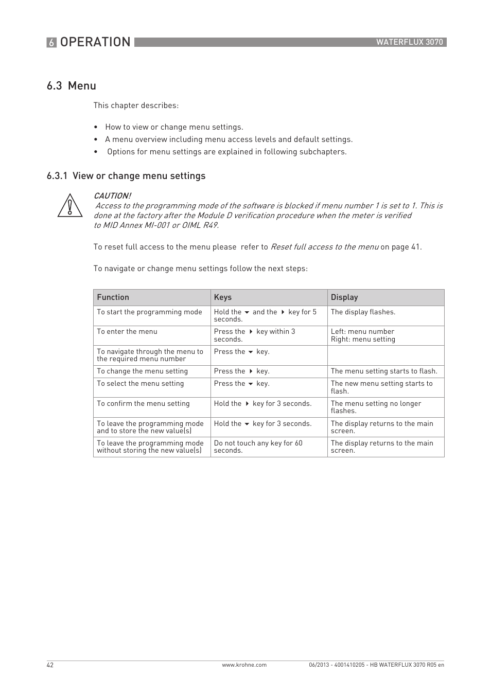Operation, 3 menu, 1 view or change menu settings | KROHNE WATERFLUX 3070 EN User Manual | Page 42 / 80