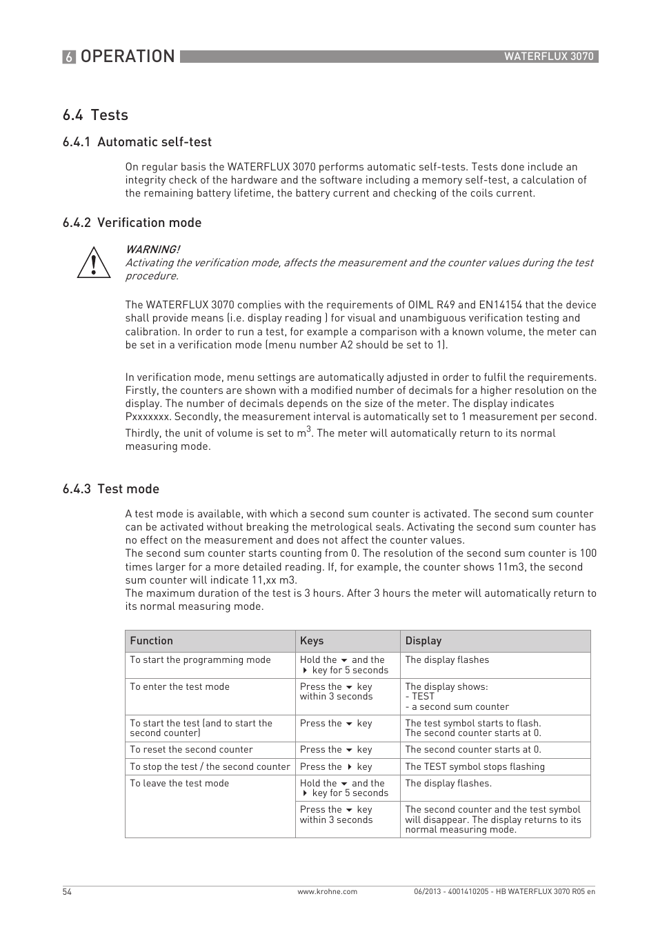 Operation, 4 tests, 1 automatic self-test | 2 verification mode, 3 test mode | KROHNE WATERFLUX 3070 EN User Manual | Page 54 / 80