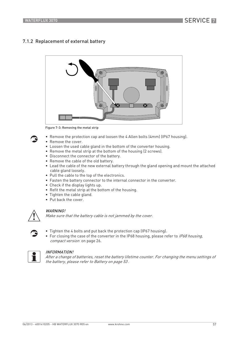 Service, 2 replacement of external battery | KROHNE WATERFLUX 3070 EN User Manual | Page 57 / 80