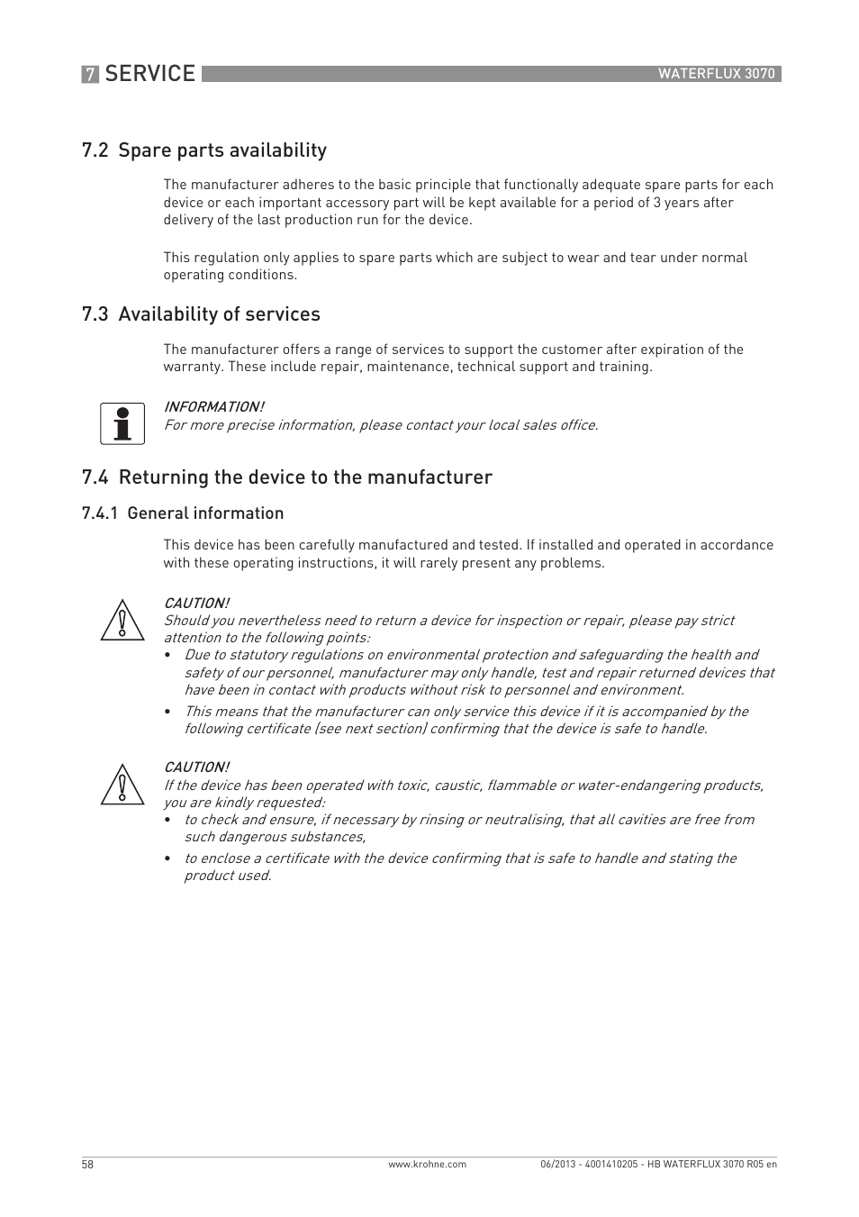 Service, 2 spare parts availability, 3 availability of services | 4 returning the device to the manufacturer | KROHNE WATERFLUX 3070 EN User Manual | Page 58 / 80