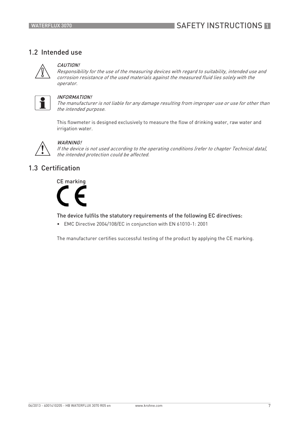 Safety instructions, 2 intended use, 3 certification | KROHNE WATERFLUX 3070 EN User Manual | Page 7 / 80