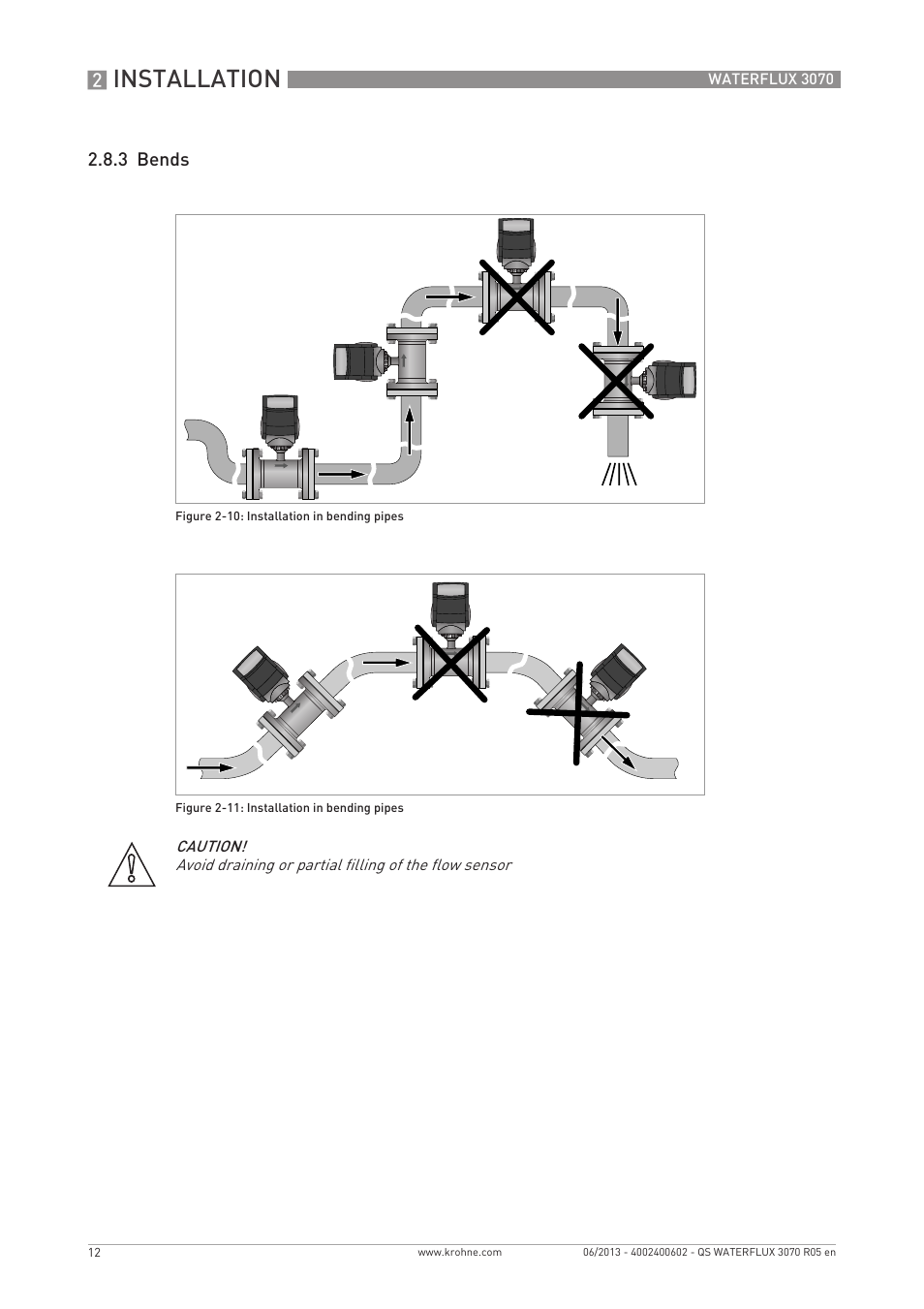 Installation, 3 bends | KROHNE WATERFLUX 3070 Quickstart EN User Manual | Page 12 / 32
