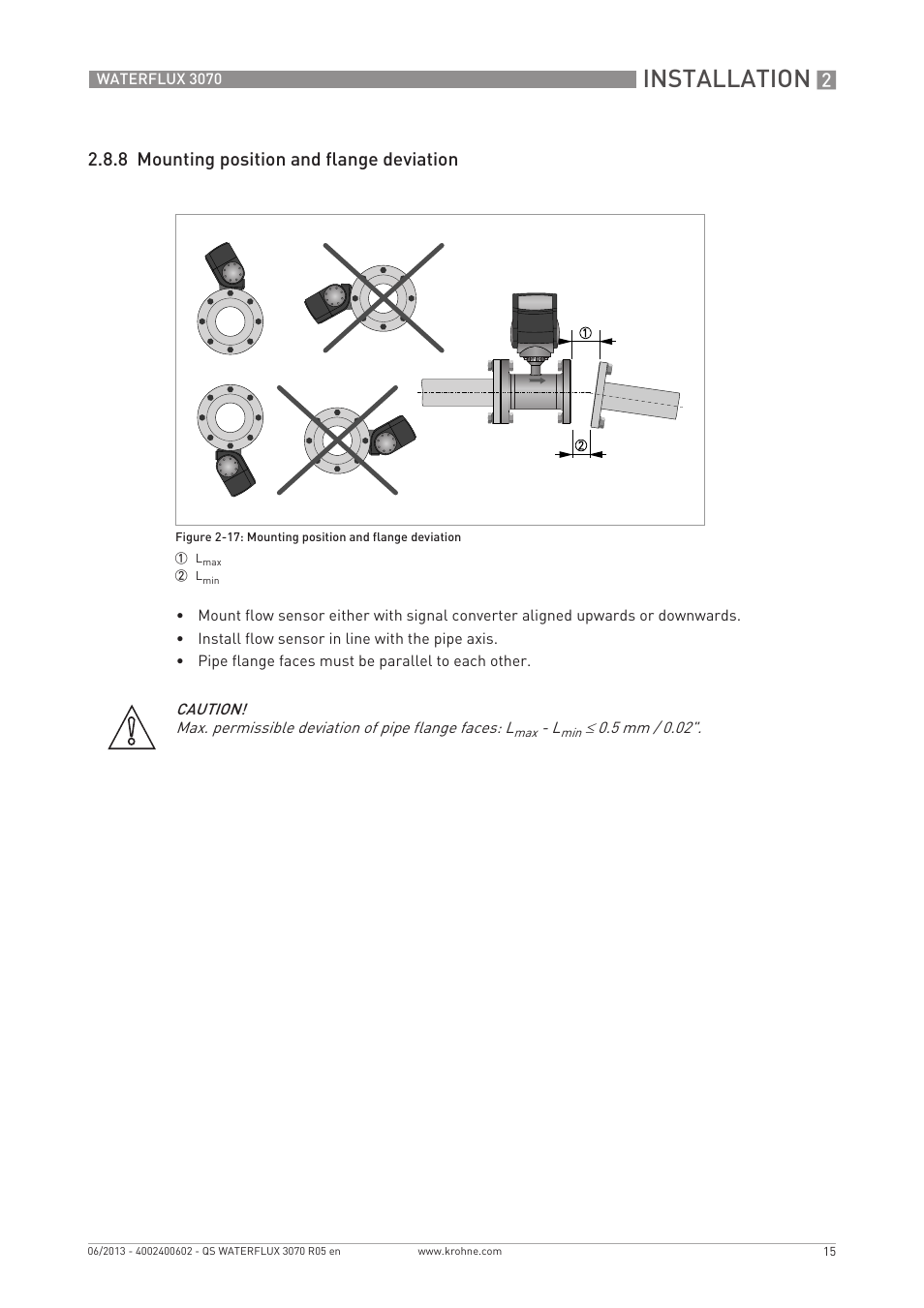 Installation, 8 mounting position and flange deviation | KROHNE WATERFLUX 3070 Quickstart EN User Manual | Page 15 / 32