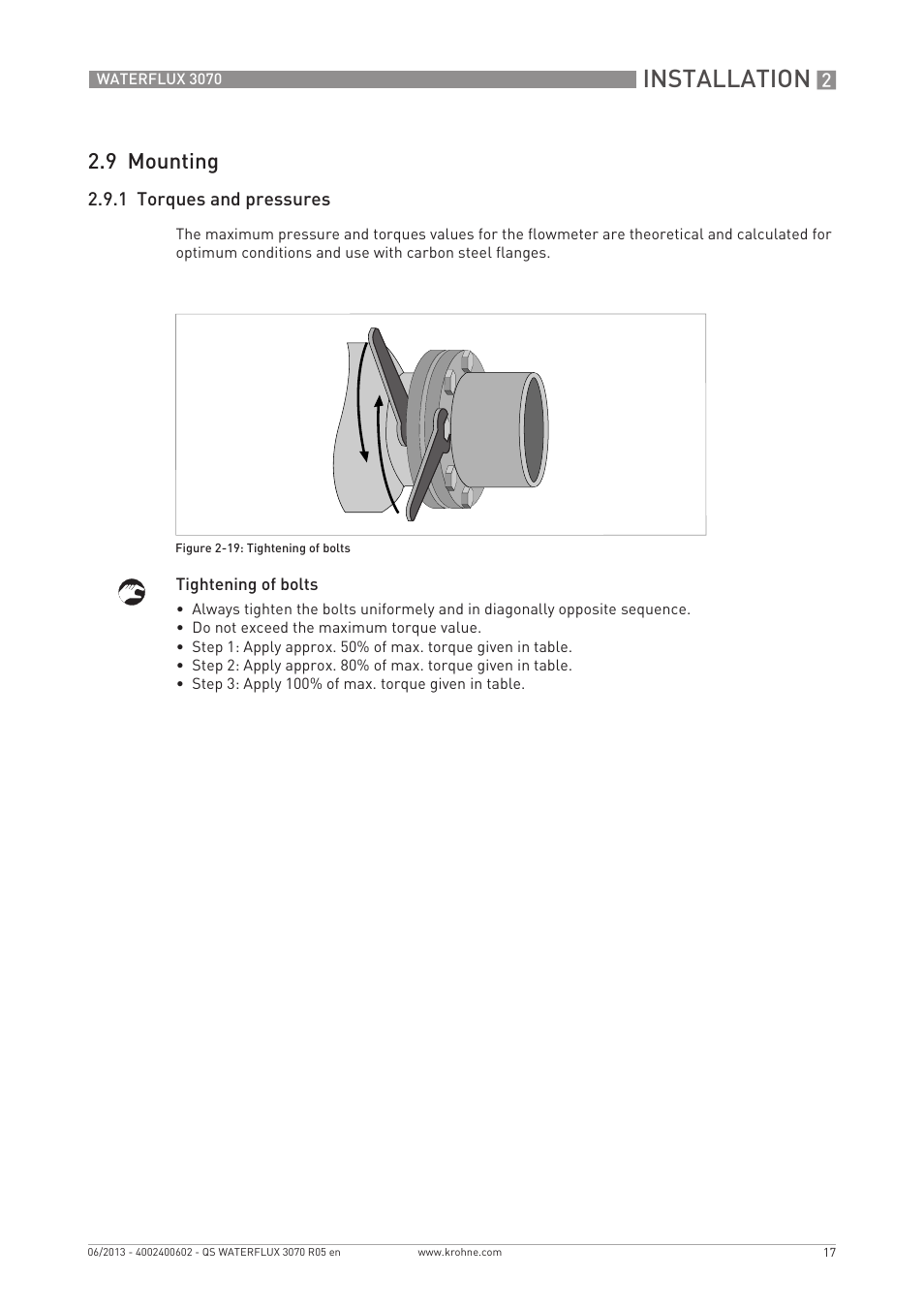 Installation, 9 mounting | KROHNE WATERFLUX 3070 Quickstart EN User Manual | Page 17 / 32