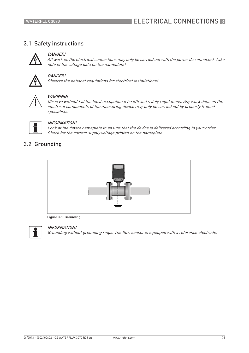 Electrical connections, 1 safety instructions 3.2 grounding | KROHNE WATERFLUX 3070 Quickstart EN User Manual | Page 21 / 32