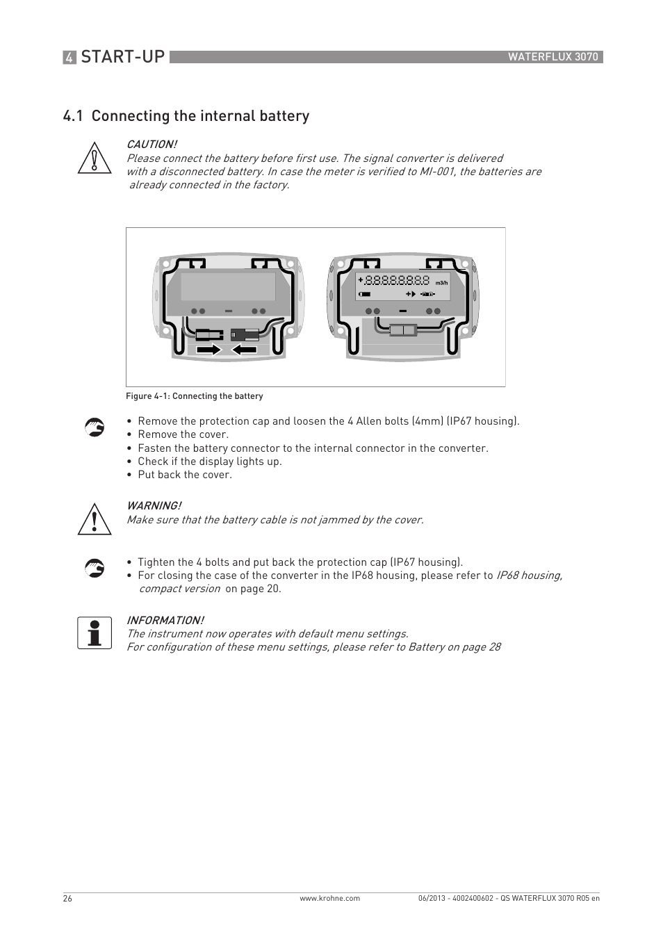 Start-up, 1 connecting the internal battery | KROHNE WATERFLUX 3070 Quickstart EN User Manual | Page 26 / 32