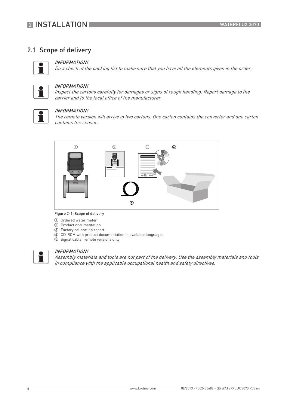Installation, 1 scope of delivery | KROHNE WATERFLUX 3070 Quickstart EN User Manual | Page 6 / 32