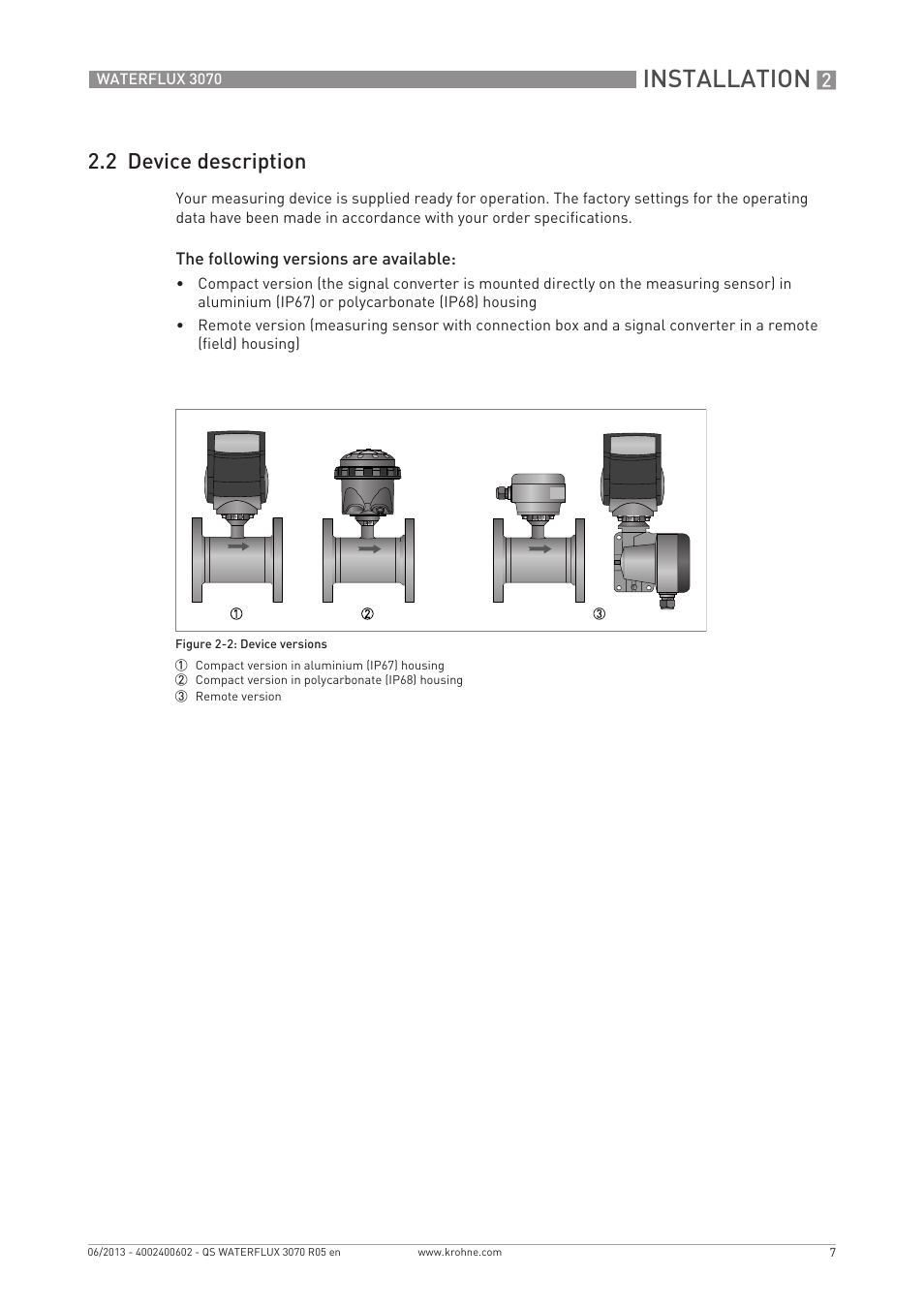 Installation, 2 device description | KROHNE WATERFLUX 3070 Quickstart EN User Manual | Page 7 / 32