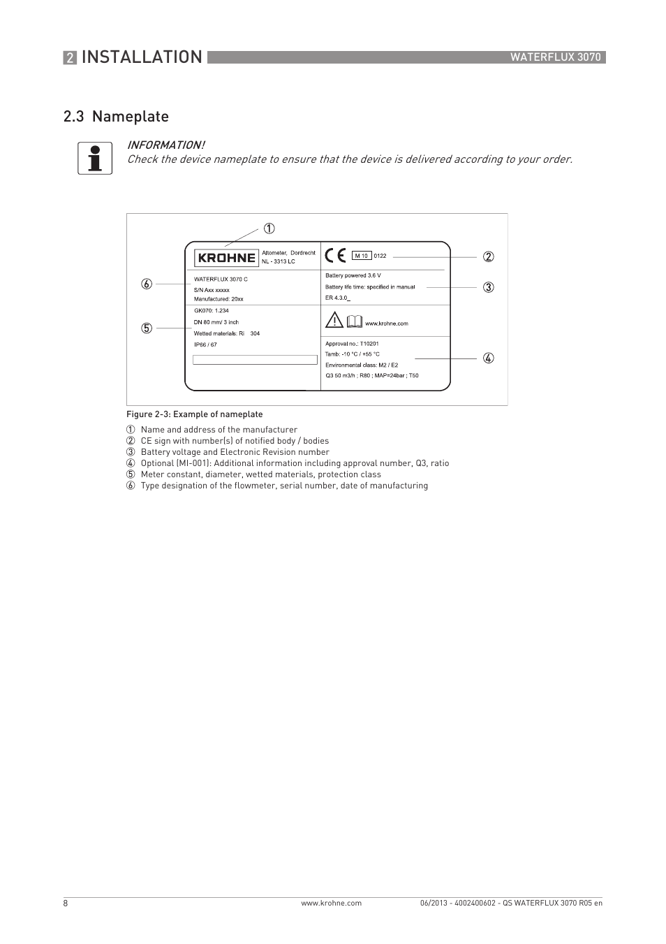 Installation, 3 nameplate | KROHNE WATERFLUX 3070 Quickstart EN User Manual | Page 8 / 32