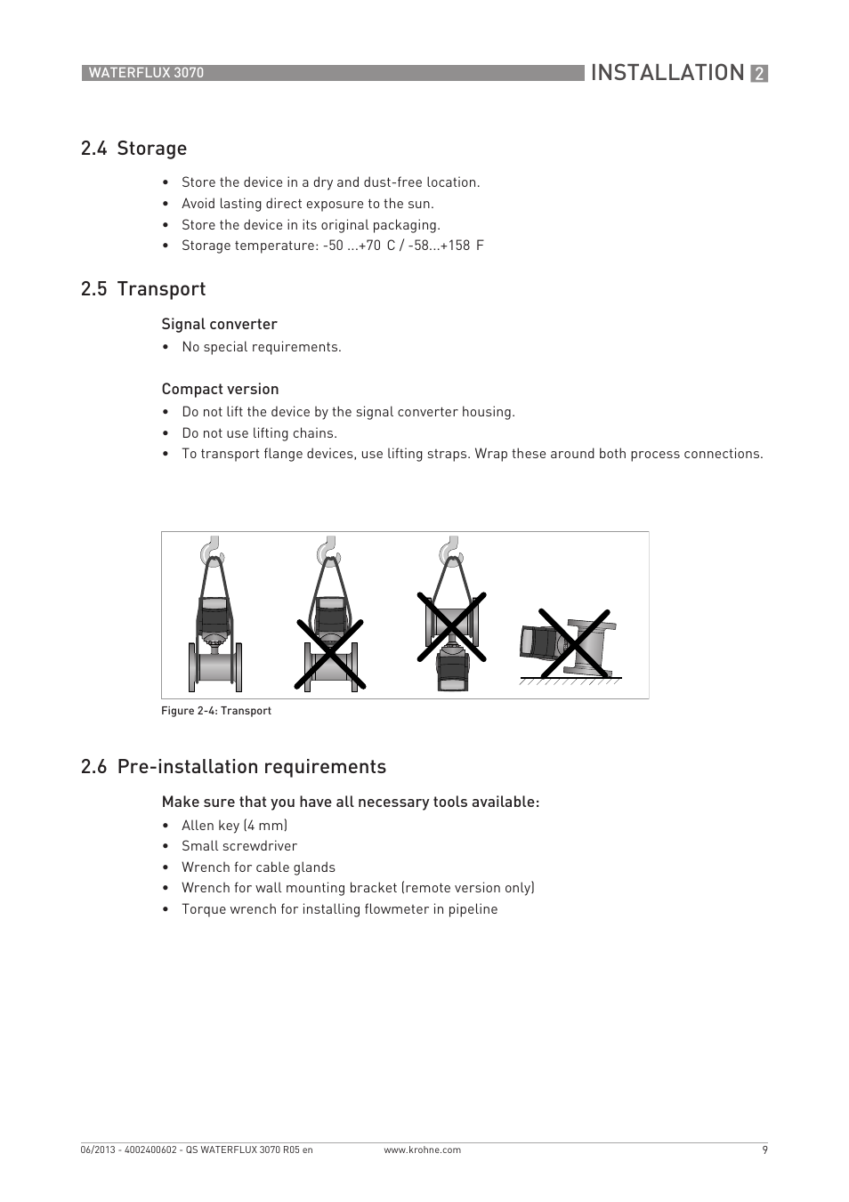 Installation, 4 storage, 5 transport | 6 pre-installation requirements | KROHNE WATERFLUX 3070 Quickstart EN User Manual | Page 9 / 32