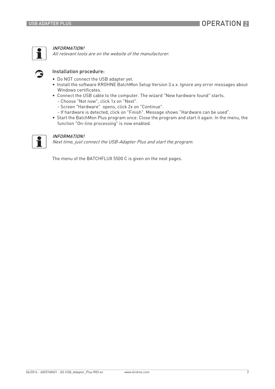 Operation | KROHNE USB ADAPTER PLUS EMF EN User Manual | Page 7 / 16