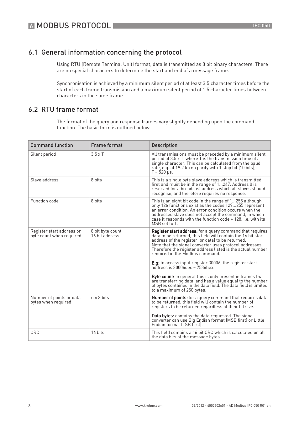Modbus protocol, 1 general information concerning the protocol, 2 rtu frame format | KROHNE IFC 050 Converter Modbus EN User Manual | Page 8 / 20