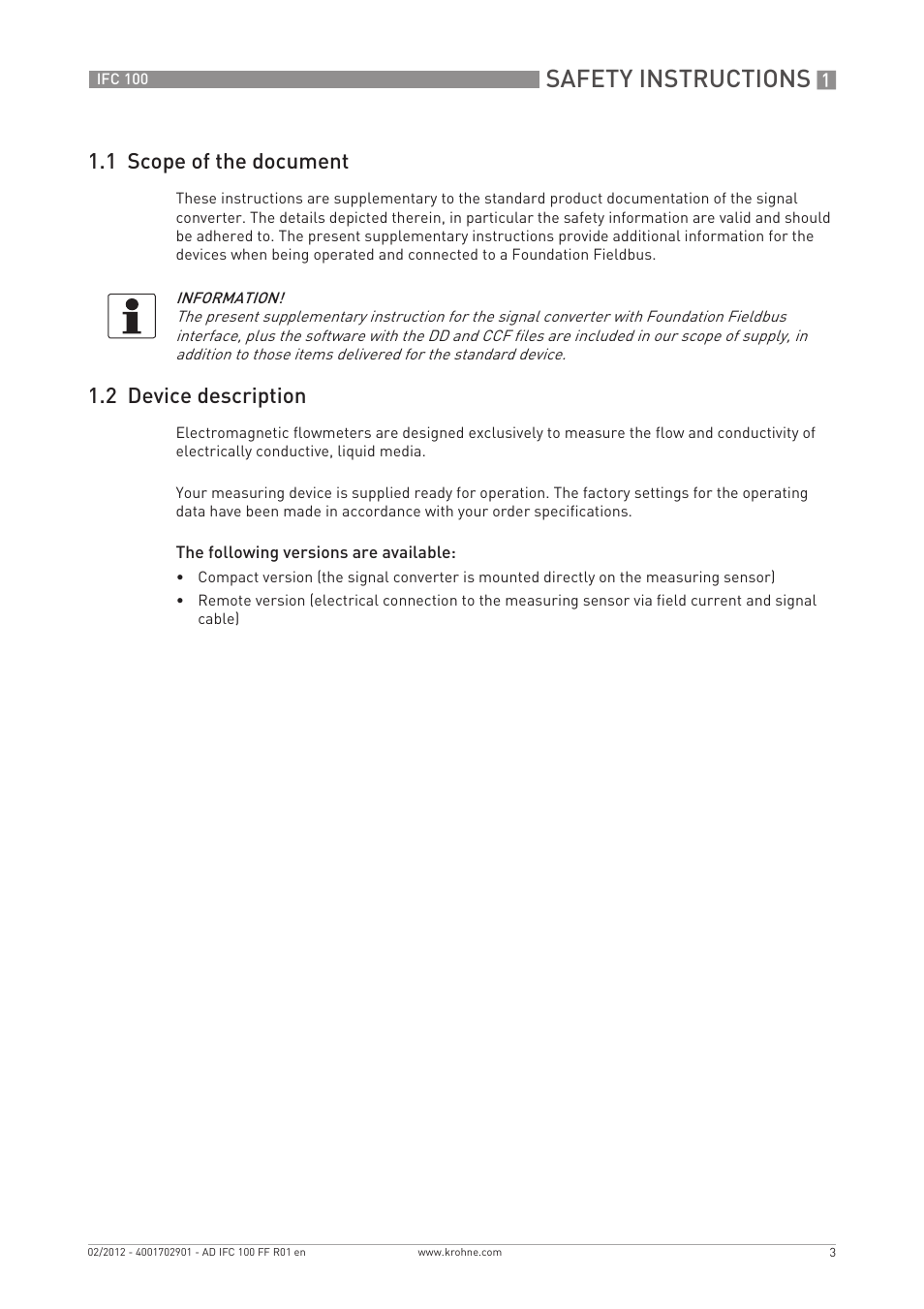 Safety instructions, 1 scope of the document, 2 device description | KROHNE IFC 100 Converter FOUNDATION FIELDBUS User Manual | Page 3 / 64