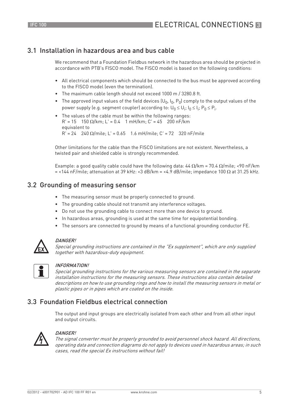 Electrical connections, 1 installation in hazardous area and bus cable, 2 grounding of measuring sensor | 3 foundation fieldbus electrical connection | KROHNE IFC 100 Converter FOUNDATION FIELDBUS User Manual | Page 5 / 64