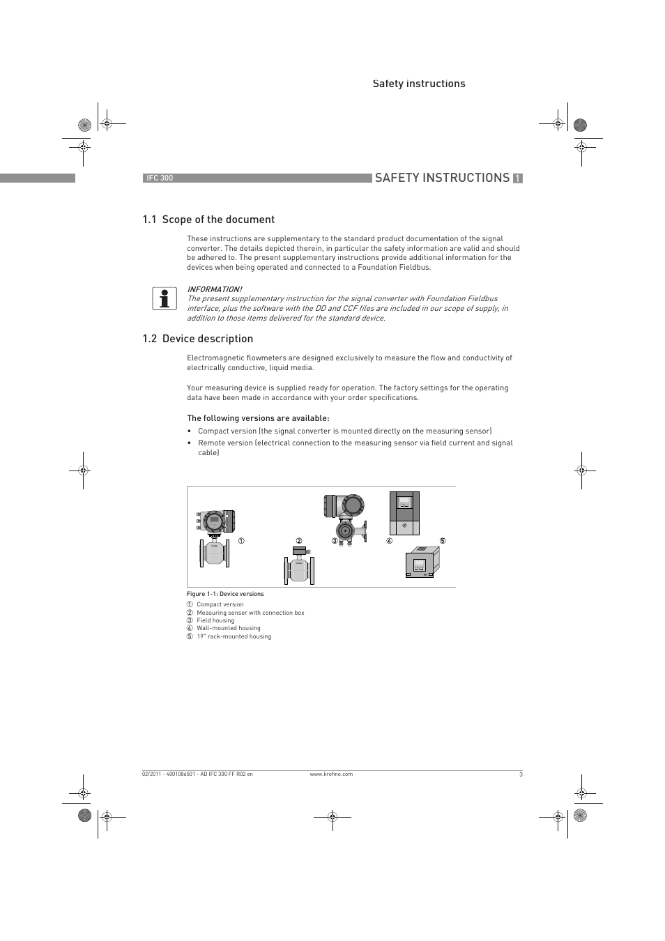 Safety instructions, Safety instructions 1.1 scope of the document, 2 device description | KROHNE IFC 300 Converter FOUNDATION FIELDBUS EN User Manual | Page 3 / 60