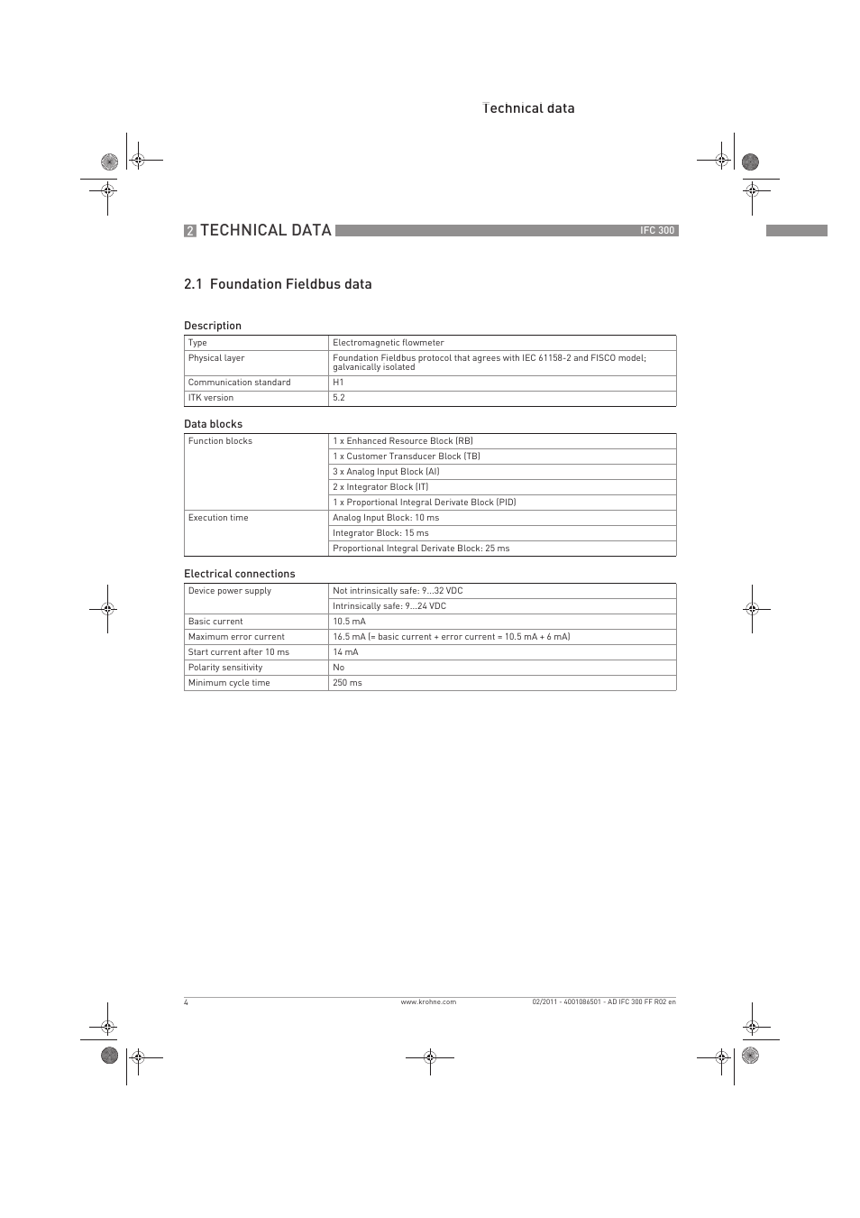 Technical data, Technical data 2.1 foundation fieldbus data | KROHNE IFC 300 Converter FOUNDATION FIELDBUS EN User Manual | Page 4 / 60