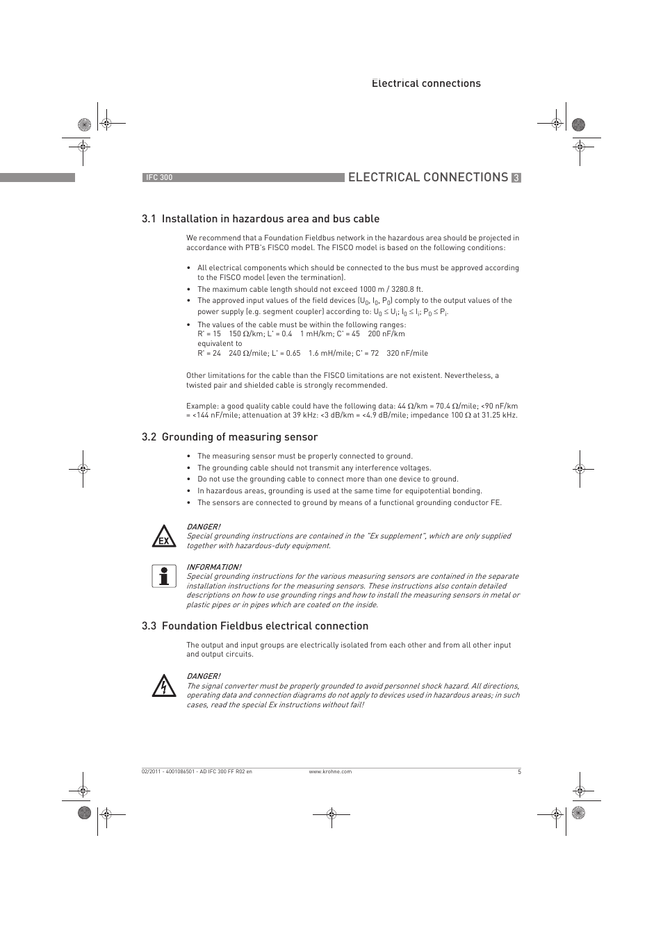 Electrical connections, 2 grounding of measuring sensor, 3 foundation fieldbus electrical connection | KROHNE IFC 300 Converter FOUNDATION FIELDBUS EN User Manual | Page 5 / 60