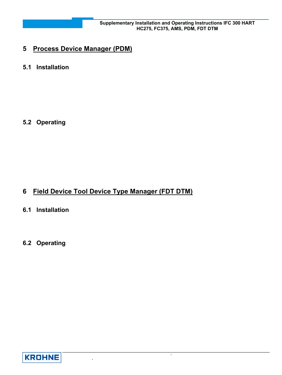 5 process device manager (pdm), 1 installation, 2 operating | 6 field device tool device type manager (fdt dtm), Installation, Operating | KROHNE IFC 300 Converter HART 0102 User Manual | Page 7 / 20