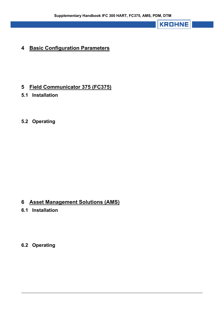 4 basic configuration parameters, 5 field communicator 375 (fc375), 1 installation | 2 operating, 6 asset management solutions (ams), Installation, Operating | KROHNE IFC 300 Converter HART 0201 User Manual | Page 7 / 23