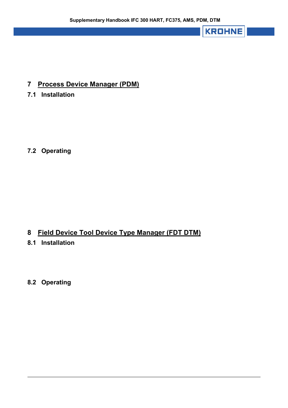 7 process device manager (pdm), 1 installation, 2 operating | 8 field device tool device type manager (fdt dtm), Installation, Operating | KROHNE IFC 300 Converter HART 0201 User Manual | Page 8 / 23