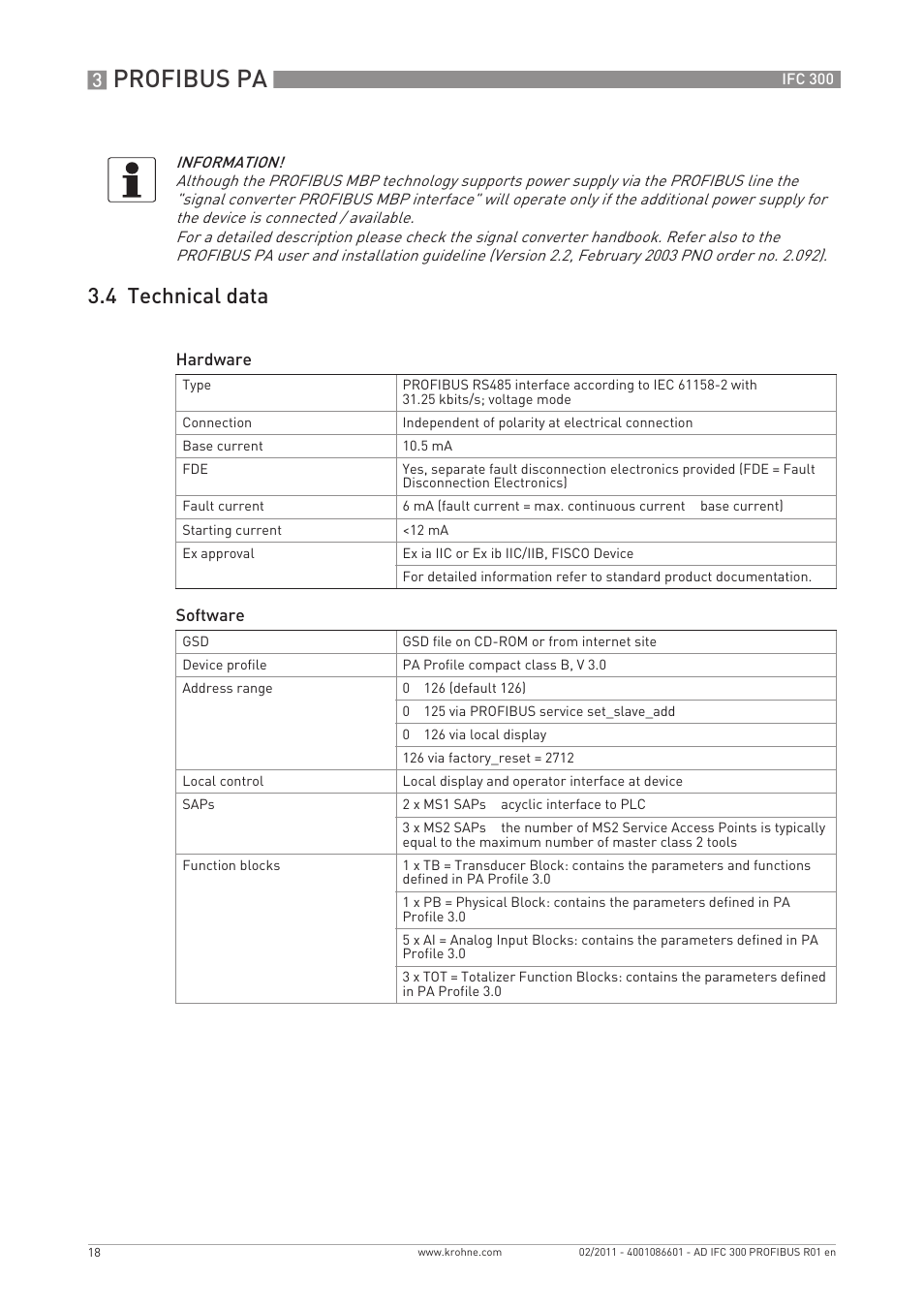 Profibus pa, 4 technical data | KROHNE FC 300 Converter PROFIBUS PA-DP User Manual | Page 18 / 40