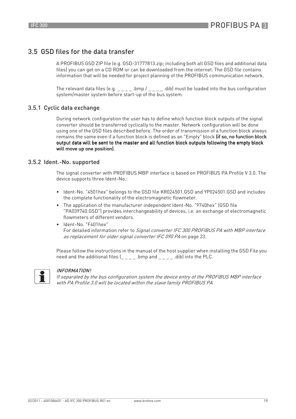 Profibus pa, 5 gsd files for the data transfer | KROHNE FC 300 Converter PROFIBUS PA-DP User Manual | Page 19 / 40