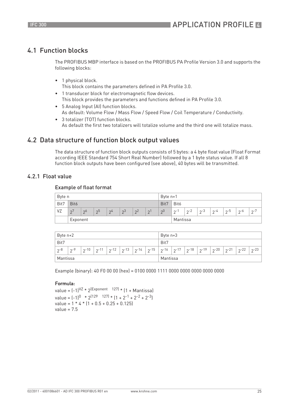 Application profile, 1 function blocks, 2 data structure of function block output values | 1 float value | KROHNE FC 300 Converter PROFIBUS PA-DP User Manual | Page 25 / 40