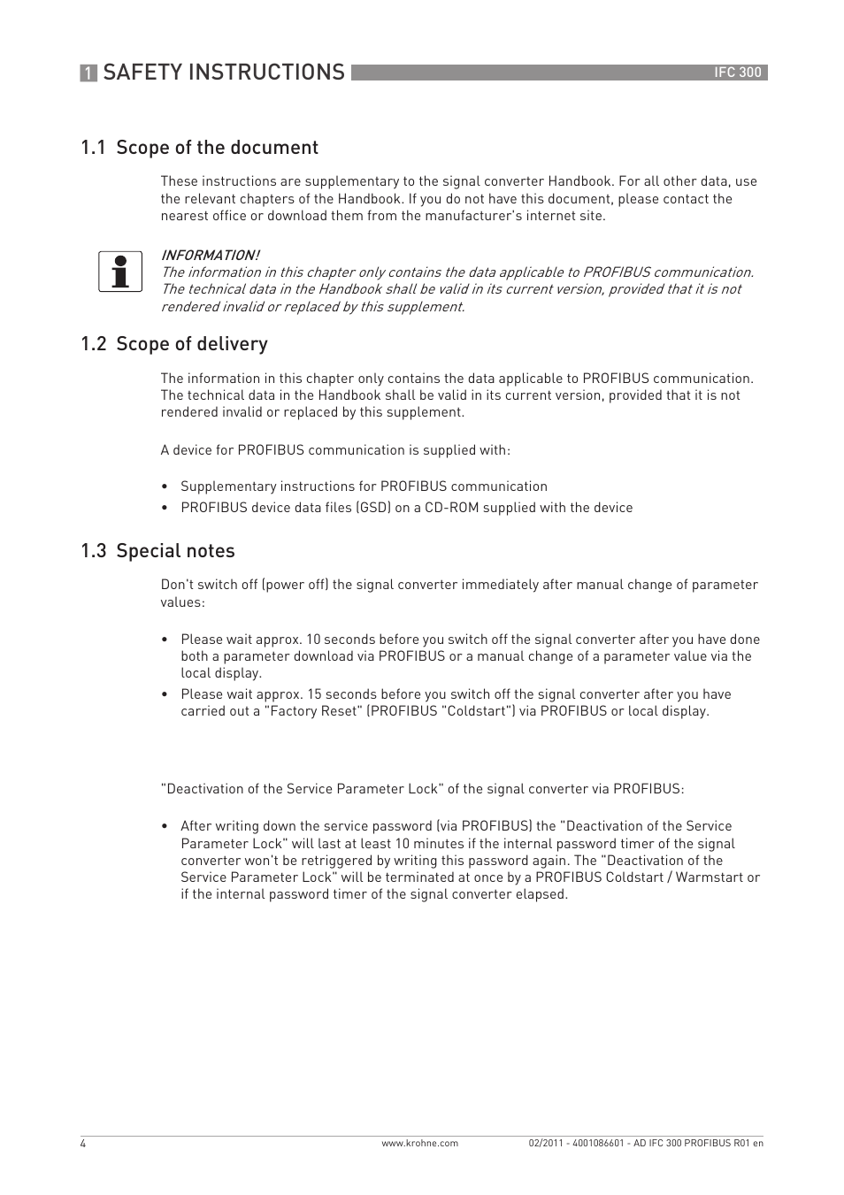 Safety instructions, 1 scope of the document, 2 scope of delivery | KROHNE FC 300 Converter PROFIBUS PA-DP User Manual | Page 4 / 40