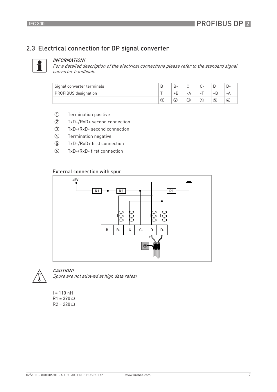 Profibus dp, 3 electrical connection for dp signal converter | KROHNE FC 300 Converter PROFIBUS PA-DP User Manual | Page 7 / 40